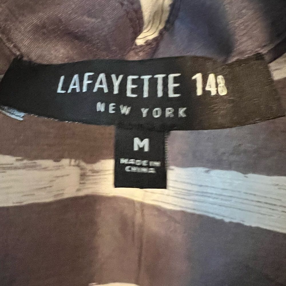 Lafayette 148 Cotton/Silk Blend Gray and White Striped Hi Low Blouse - Picture 5 of 12